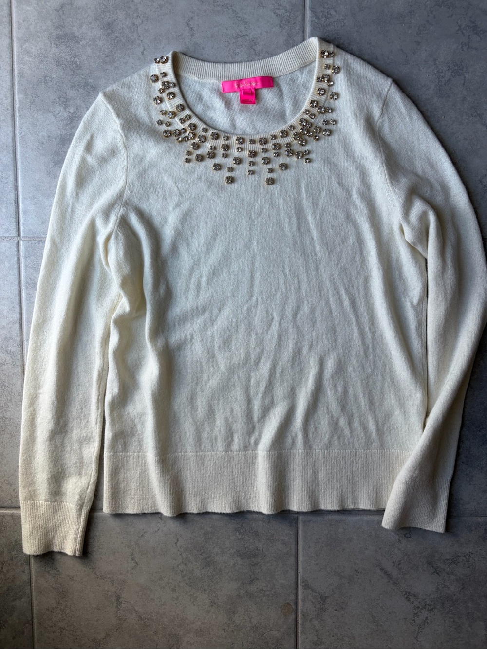 Women’s Cream Embellished Jewel-Neck Sweater